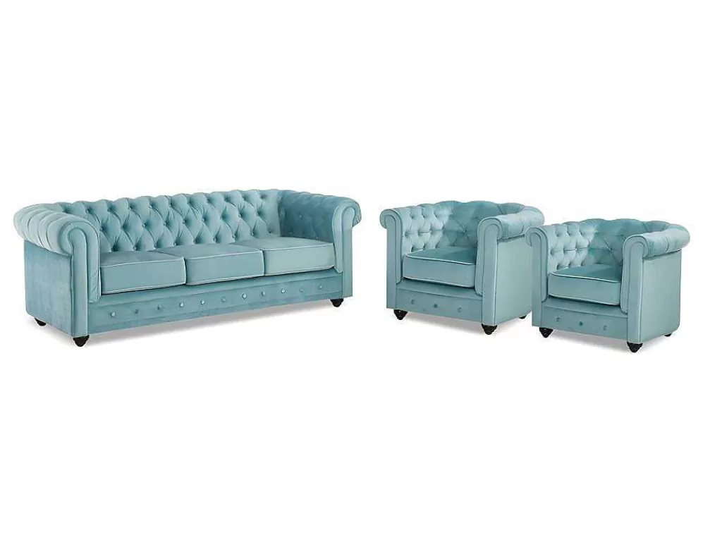 Conjunto Sofá E Poltrona*Vente-unique Sofá De 3 Lugares E 2 Cadeiroes Chesterfield - Veludo Azul Pastel