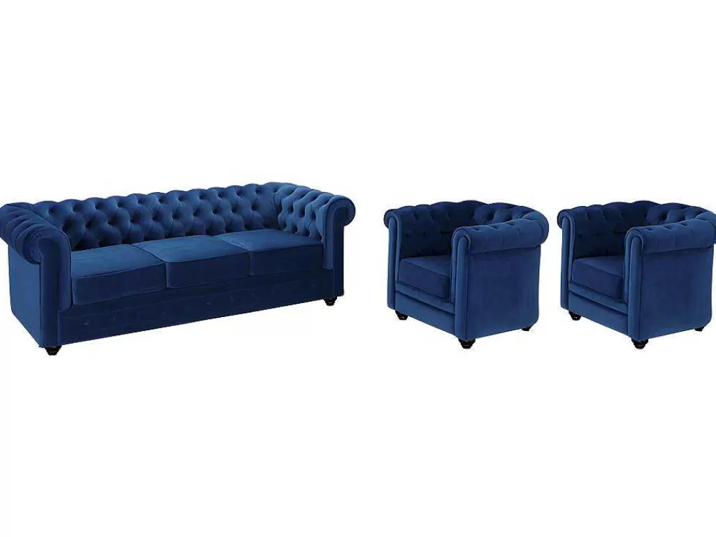 Conjunto Sofá E Poltrona*Vente-unique Sofá De 3 Lugares E 2 Cadeiroes Chesterfield - Veludo Azul Real
