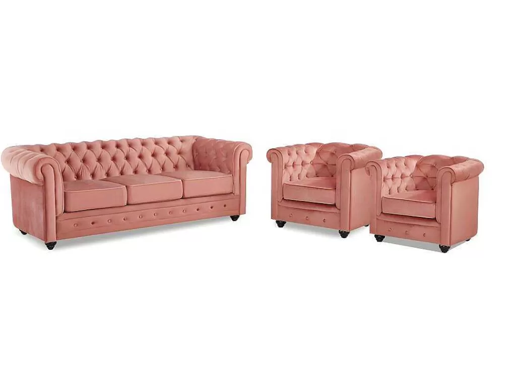 Conjunto Sofá E Poltrona*Vente-unique Sofá De 3 Lugares E 2 Cadeiroes Chesterfield - Veludo Rosa Pastel