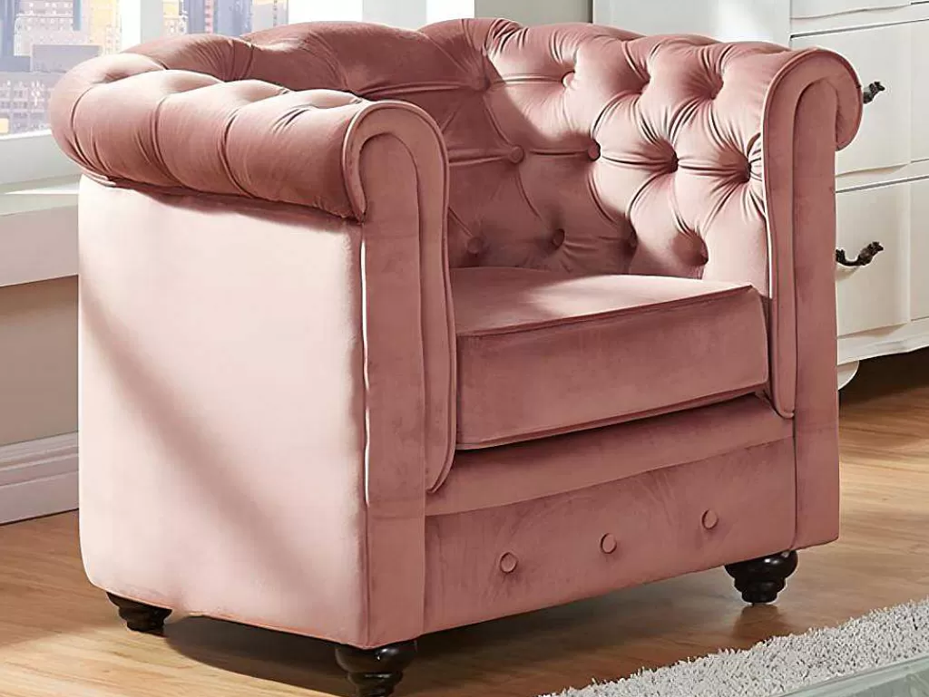 Conjunto Sofá E Poltrona*Vente-unique Sofá De 3 Lugares E 2 Cadeiroes Chesterfield - Veludo Rosa Pastel