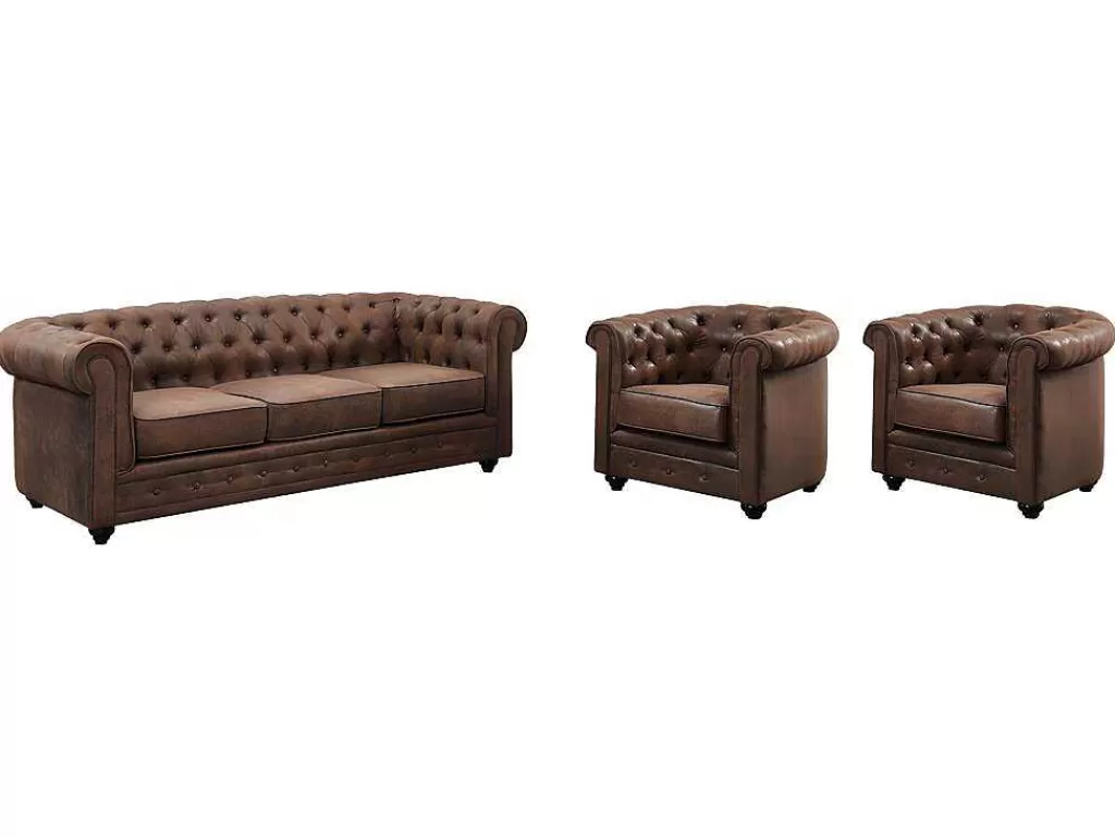 Conjunto Sofá E Poltrona*Vente-unique Sofá De 3 Lugares E 2 Cadeiroes Chesterfield Em Microfibra Com Aspeto De Pele Envelhecida