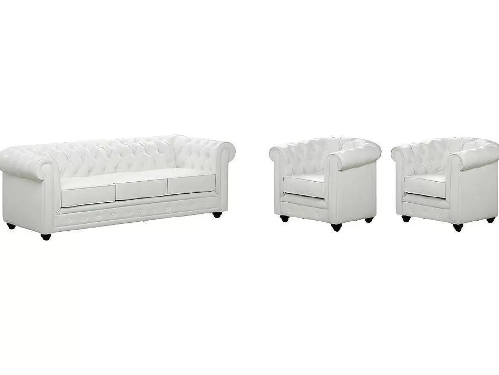 Conjunto Sofá E Poltrona*Vente-unique Sofá De 3 Lugares E 2 Cadeiroes Em Pele Sintética Branco - Chesterfield