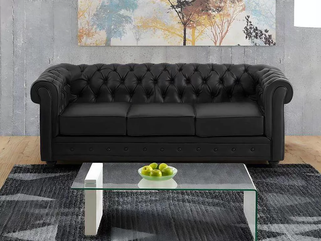 Conjunto Sofá E Poltrona*Vente-unique Sofá De 3 Lugares E 2 Cadeiroes Em Pele Sintética Branco - Chesterfield
