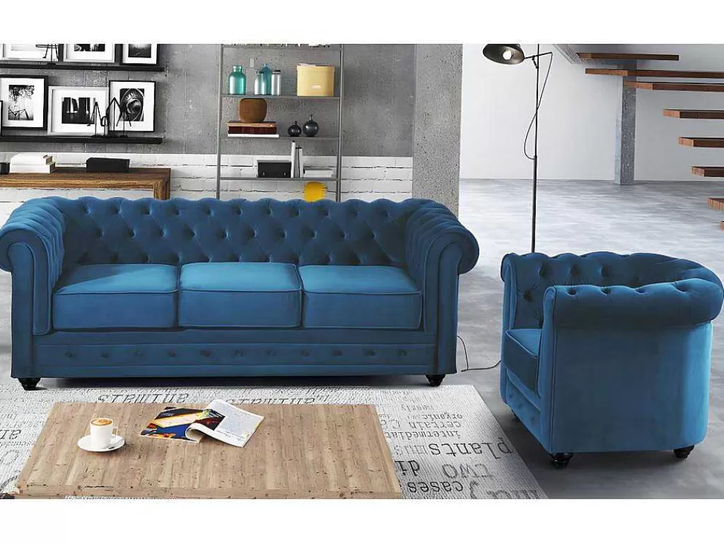 Conjunto Sofá E Poltrona*Vente-unique Sofá De 3 Lugares E Cadeirão Chesterfield - Veludo Azul Esverdeado