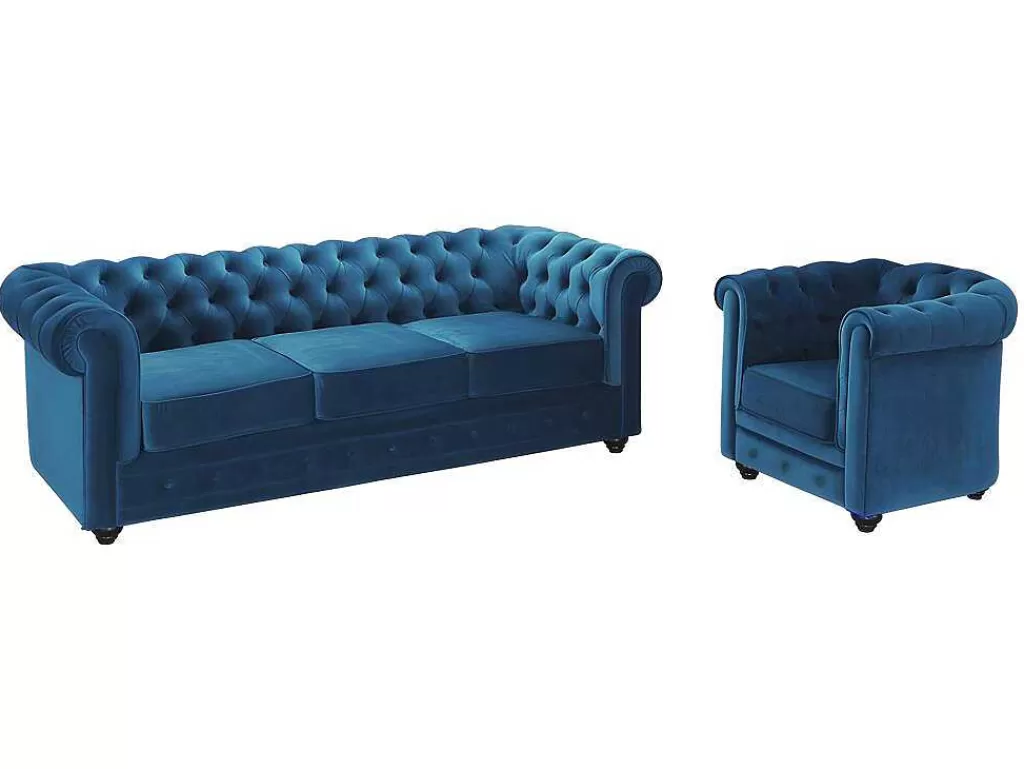 Conjunto Sofá E Poltrona*Vente-unique Sofá De 3 Lugares E Cadeirão Chesterfield - Veludo Azul Esverdeado