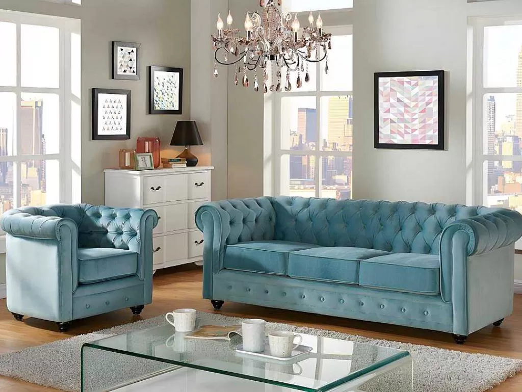 Conjunto Sofá E Poltrona*Vente-unique Sofá De 3 Lugares E Cadeirão Chesterfield - Veludo Azul Pastel