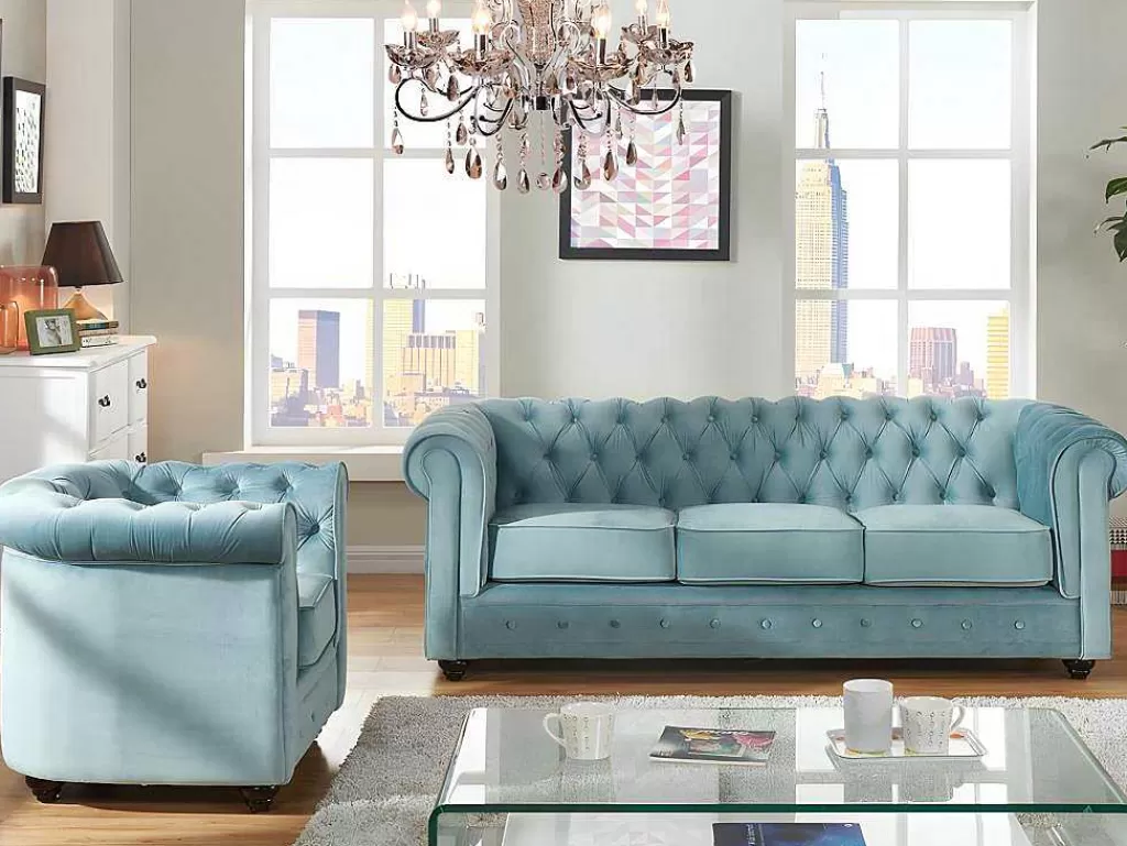 Conjunto Sofá E Poltrona*Vente-unique Sofá De 3 Lugares E Cadeirão Chesterfield - Veludo Azul Pastel