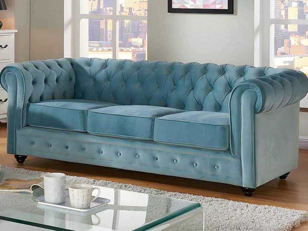 Conjunto Sofá E Poltrona*Vente-unique Sofá De 3 Lugares E Cadeirão Chesterfield - Veludo Azul Pastel