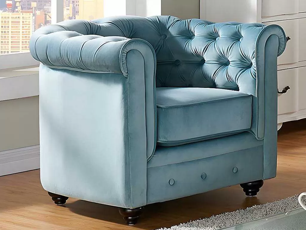 Conjunto Sofá E Poltrona*Vente-unique Sofá De 3 Lugares E Cadeirão Chesterfield - Veludo Azul Pastel