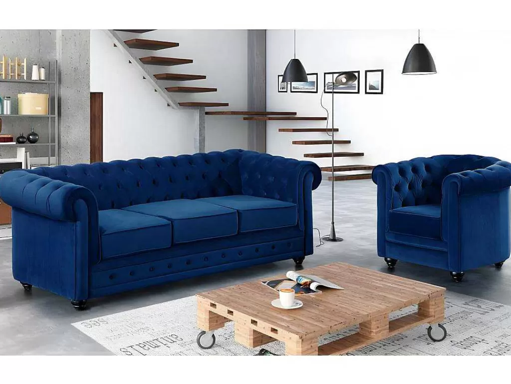 Conjunto Sofá E Poltrona*Vente-unique Sofá De 3 Lugares E Cadeirão Chesterfield - Veludo Azul Real