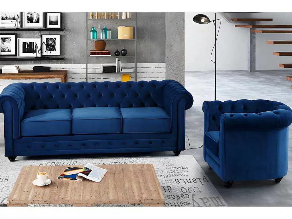 Conjunto Sofá E Poltrona*Vente-unique Sofá De 3 Lugares E Cadeirão Chesterfield - Veludo Azul Real
