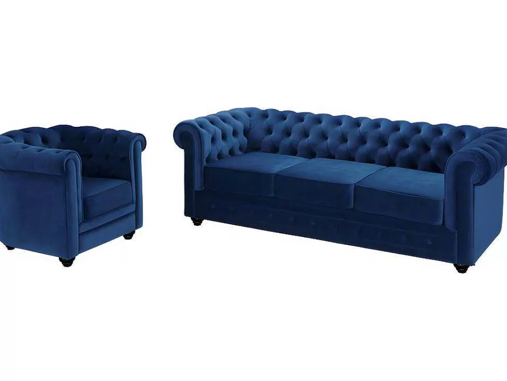 Conjunto Sofá E Poltrona*Vente-unique Sofá De 3 Lugares E Cadeirão Chesterfield - Veludo Azul Real