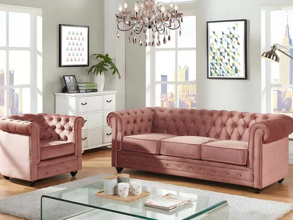 Conjunto Sofá E Poltrona*Vente-unique Sofá De 3 Lugares E Cadeirão Chesterfield - Veludo Rosa Pastel