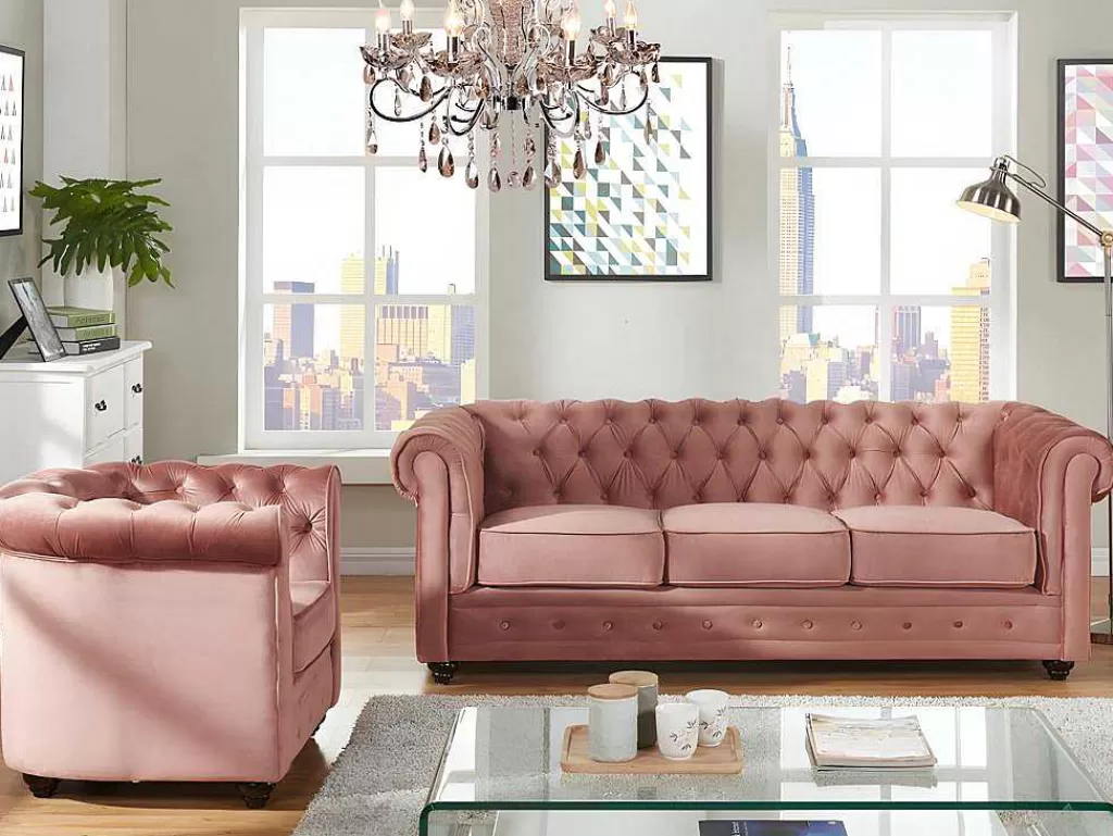 Conjunto Sofá E Poltrona*Vente-unique Sofá De 3 Lugares E Cadeirão Chesterfield - Veludo Rosa Pastel