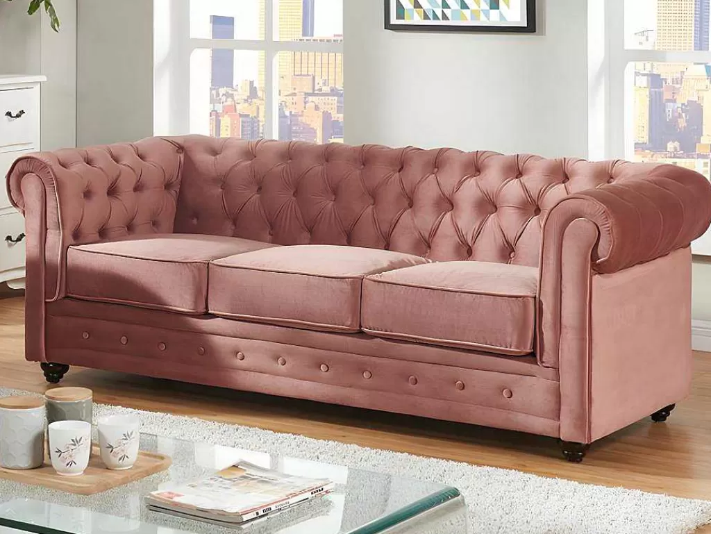 Conjunto Sofá E Poltrona*Vente-unique Sofá De 3 Lugares E Cadeirão Chesterfield - Veludo Rosa Pastel