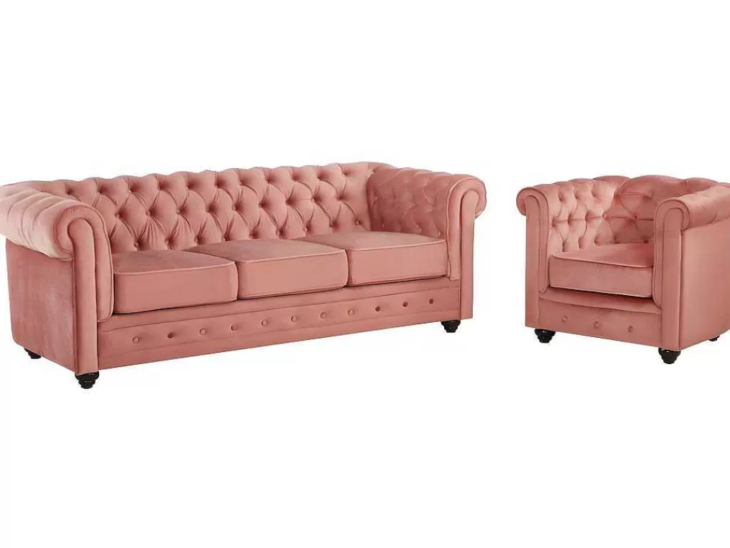 Conjunto Sofá E Poltrona*Vente-unique Sofá De 3 Lugares E Cadeirão Chesterfield - Veludo Rosa Pastel