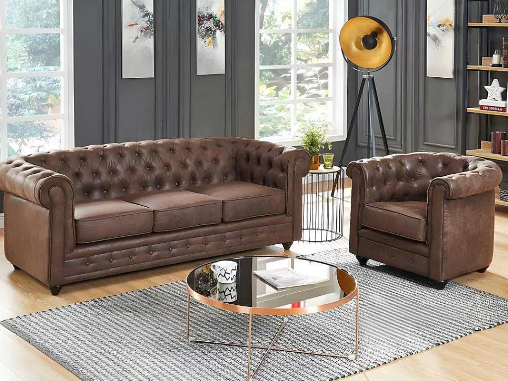 Conjunto Sofá E Poltrona*Vente-unique Sofá De 3 Lugares E Cadeirão Chesterfield Em Microfibra Com Aspeto De Pele Envelhecida