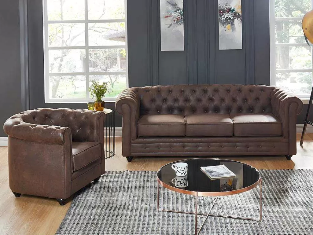 Conjunto Sofá E Poltrona*Vente-unique Sofá De 3 Lugares E Cadeirão Chesterfield Em Microfibra Com Aspeto De Pele Envelhecida