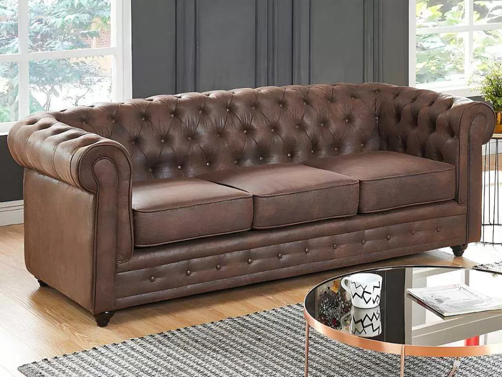 Conjunto Sofá E Poltrona*Vente-unique Sofá De 3 Lugares E Cadeirão Chesterfield Em Microfibra Com Aspeto De Pele Envelhecida