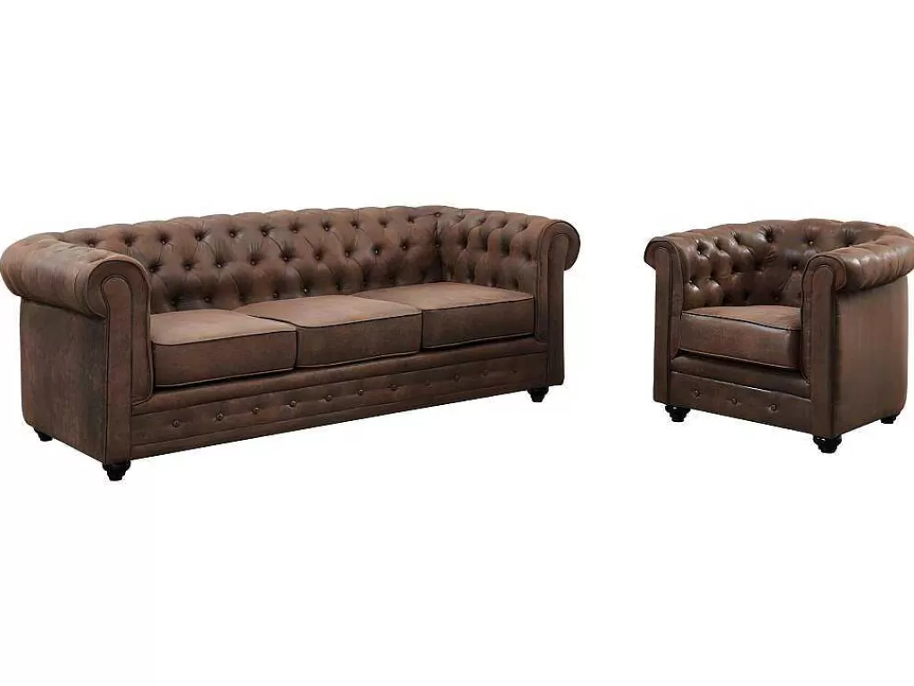 Conjunto Sofá E Poltrona*Vente-unique Sofá De 3 Lugares E Cadeirão Chesterfield Em Microfibra Com Aspeto De Pele Envelhecida
