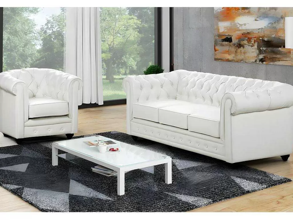 Conjunto Sofá E Poltrona*Vente-unique Sofá De 3 Lugares E Cadeirão Em Pele Sintética Branco - Chesterfield
