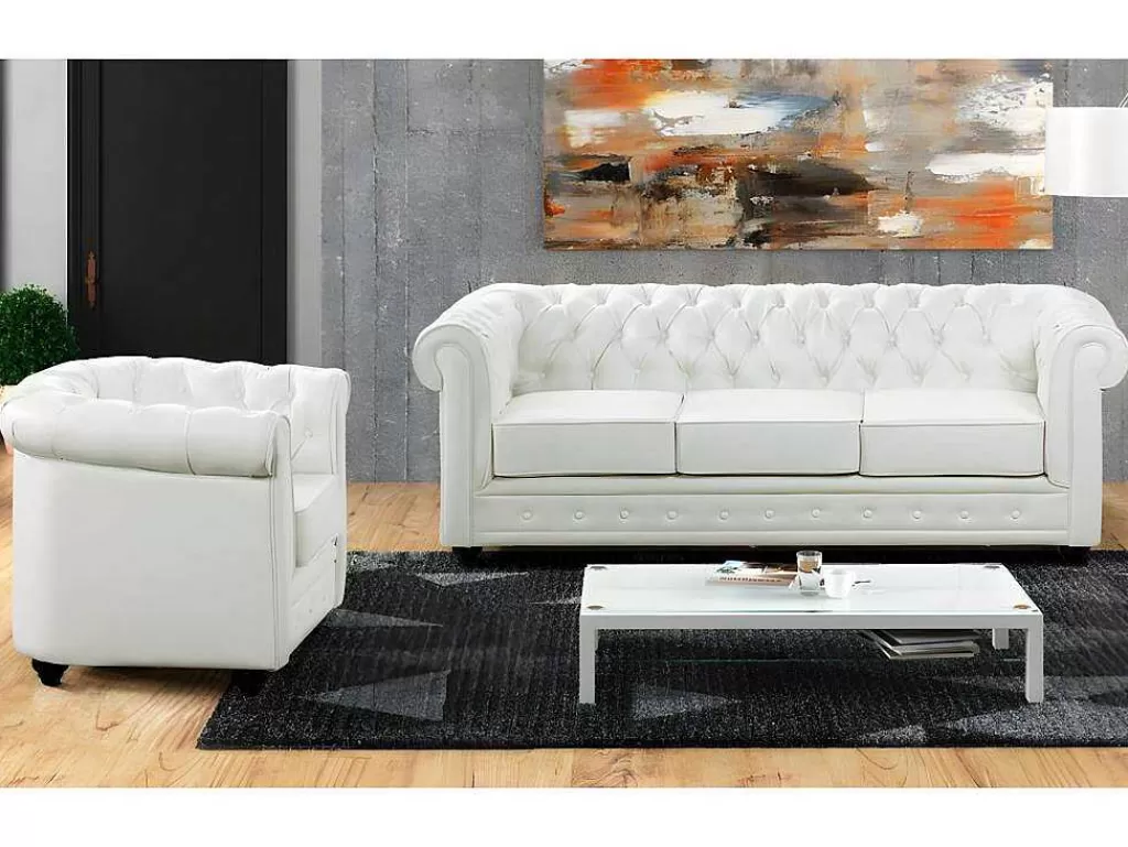 Conjunto Sofá E Poltrona*Vente-unique Sofá De 3 Lugares E Cadeirão Em Pele Sintética Branco - Chesterfield