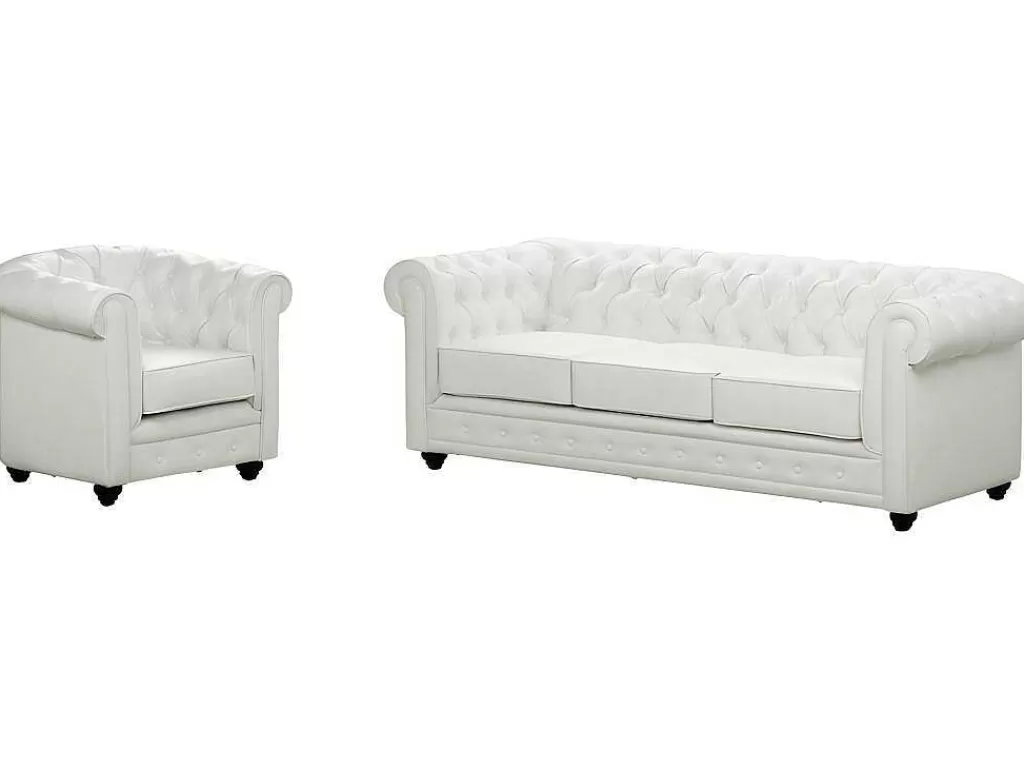 Conjunto Sofá E Poltrona*Vente-unique Sofá De 3 Lugares E Cadeirão Em Pele Sintética Branco - Chesterfield