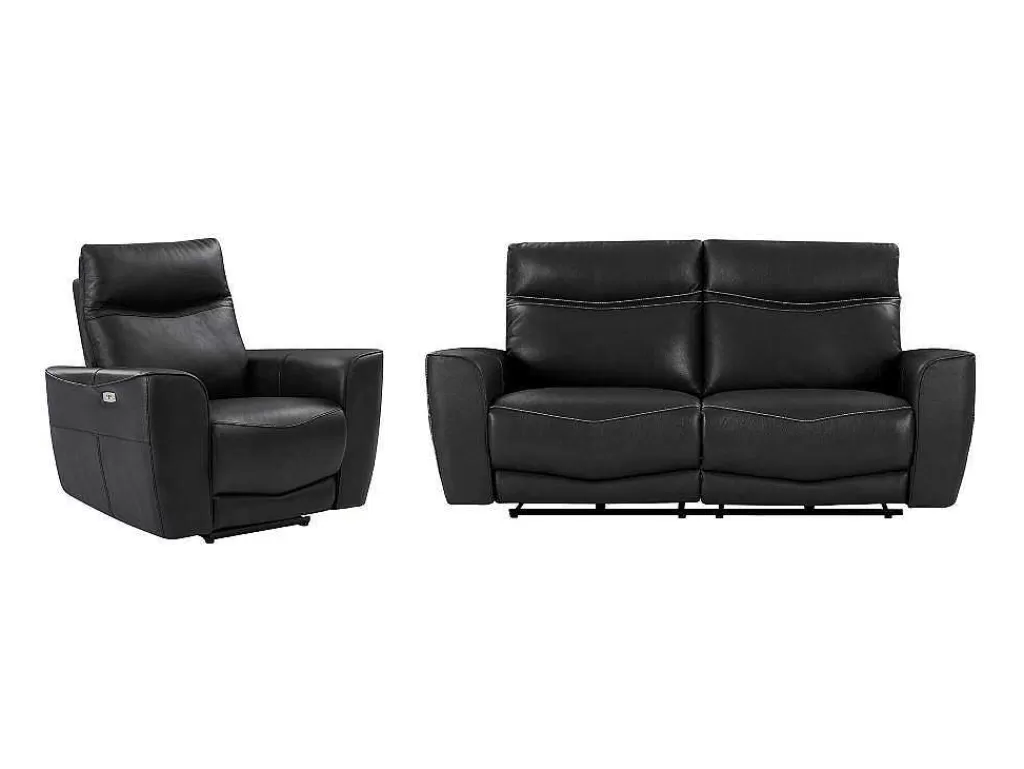 Conjunto Sofá E Poltrona*Vente-unique Sofá De 3 Lugares E Poltrona Articulados Eletricos Em Couro De Vaca Preto - Damon