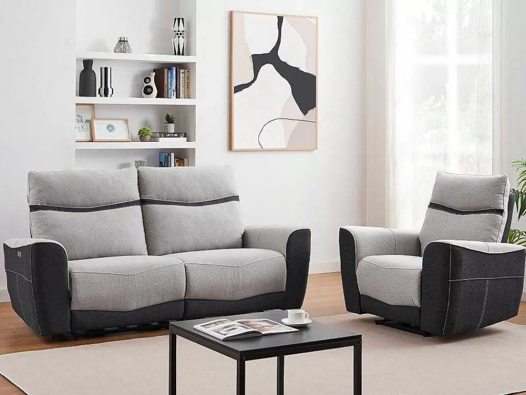 Conjunto Sofá E Poltrona*Vente-unique Sofá De 3 Lugares E Poltrona Articulados Eletricos Em Tecido Cinzento E Antracite - Damon