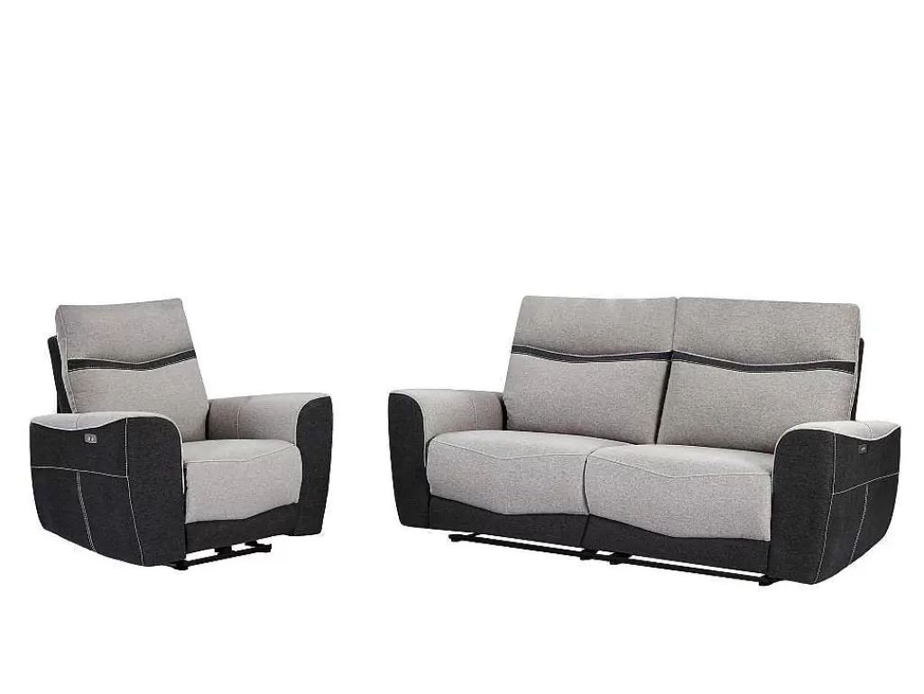 Conjunto Sofá E Poltrona*Vente-unique Sofá De 3 Lugares E Poltrona Articulados Eletricos Em Tecido Cinzento E Antracite - Damon