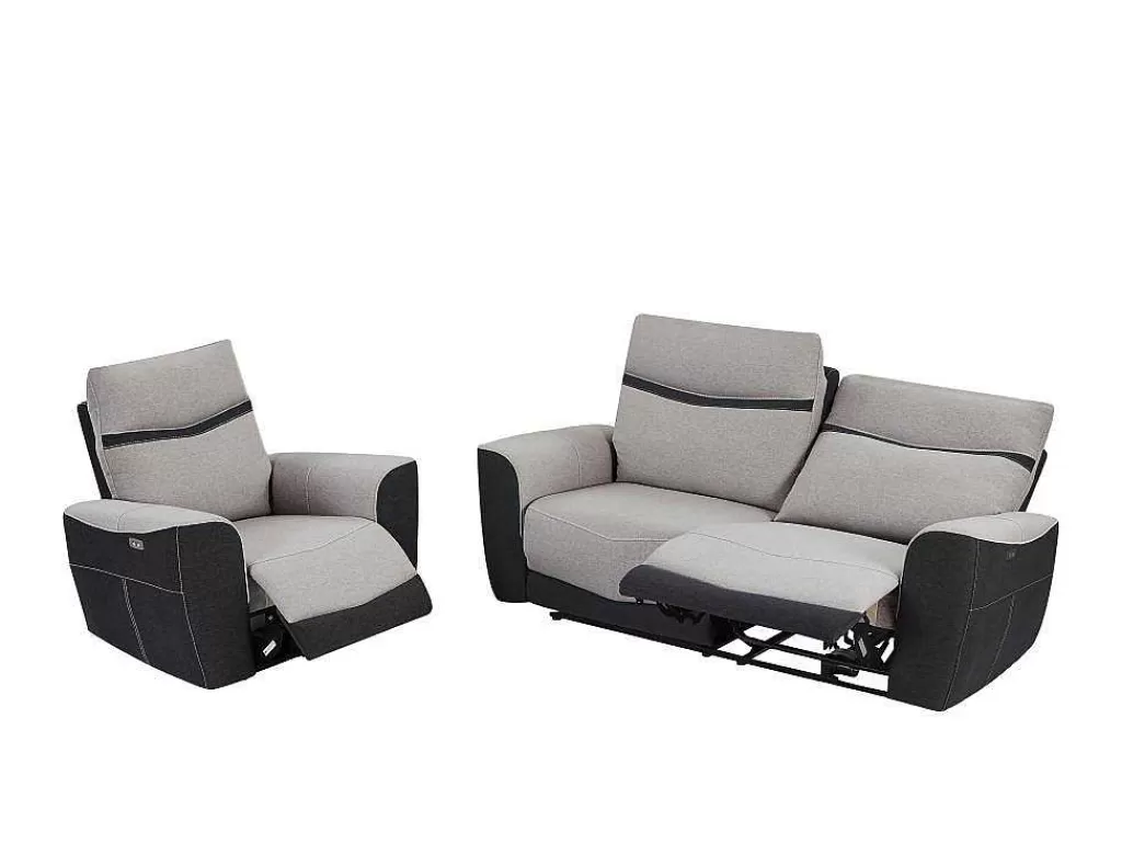 Conjunto Sofá E Poltrona*Vente-unique Sofá De 3 Lugares E Poltrona Articulados Eletricos Em Tecido Cinzento E Antracite - Damon