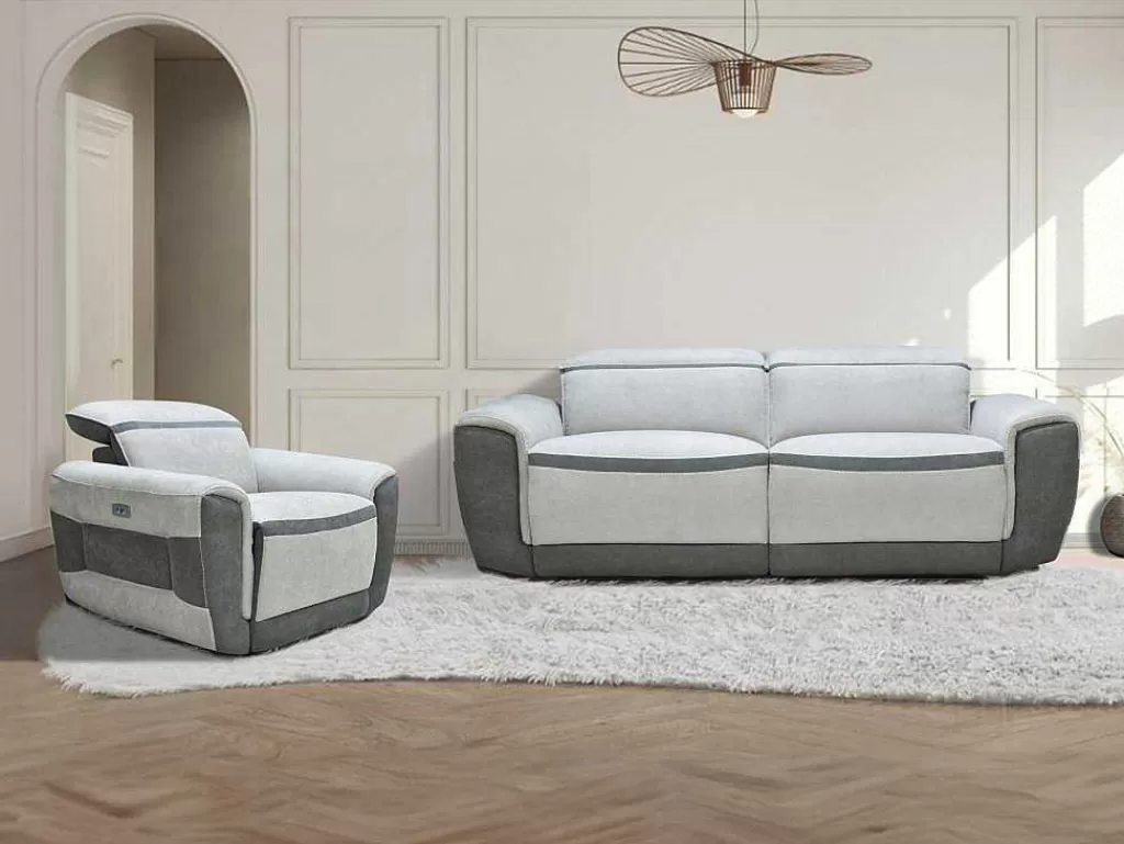 Conjunto Sofá E Poltrona*Vente-unique Sofá De 3 Lugares E Poltrona Articulados Eletricos Tecido Cinzento-Claro - Orietto
