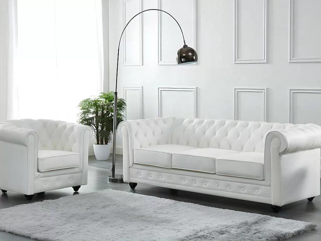 Conjunto Sofá E Poltrona*Vente-unique Sofá De 3 Lugares E Poltrona Em Pele De Bufalo - Branco - Chesterfield