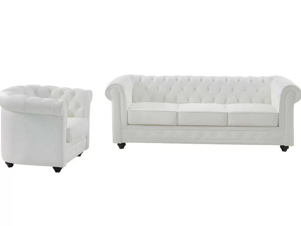 Conjunto Sofá E Poltrona*Vente-unique Sofá De 3 Lugares E Poltrona Em Pele De Bufalo - Branco - Chesterfield