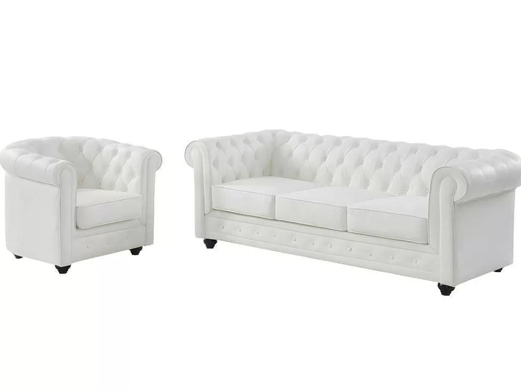 Conjunto Sofá E Poltrona*Vente-unique Sofá De 3 Lugares E Poltrona Em Pele De Bufalo - Branco - Chesterfield