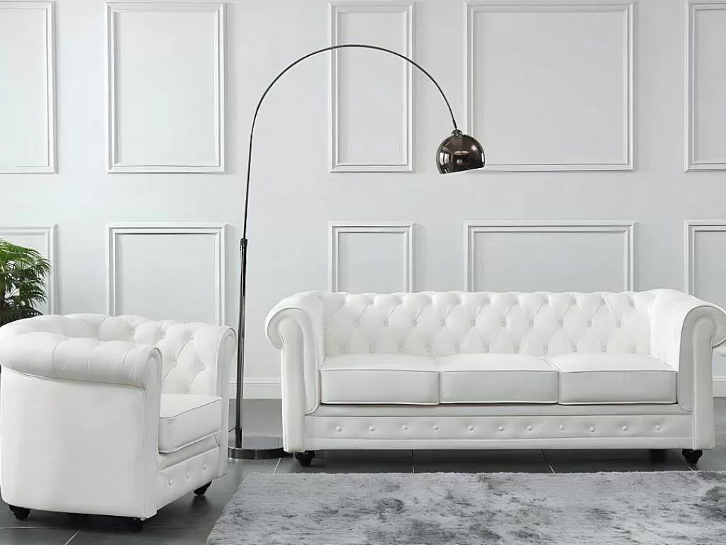 Conjunto Sofá E Poltrona*Vente-unique Sofá De 3 Lugares E Poltrona Em Pele De Bufalo - Branco - Chesterfield