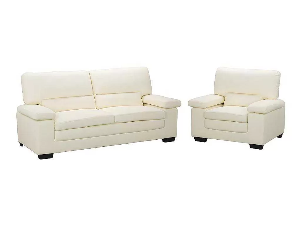 Conjunto Sofá E Poltrona*Vente-unique Sofá De 3 Lugares E Poltrona Em Pele De Bufalo Marfim - Mimas Ii