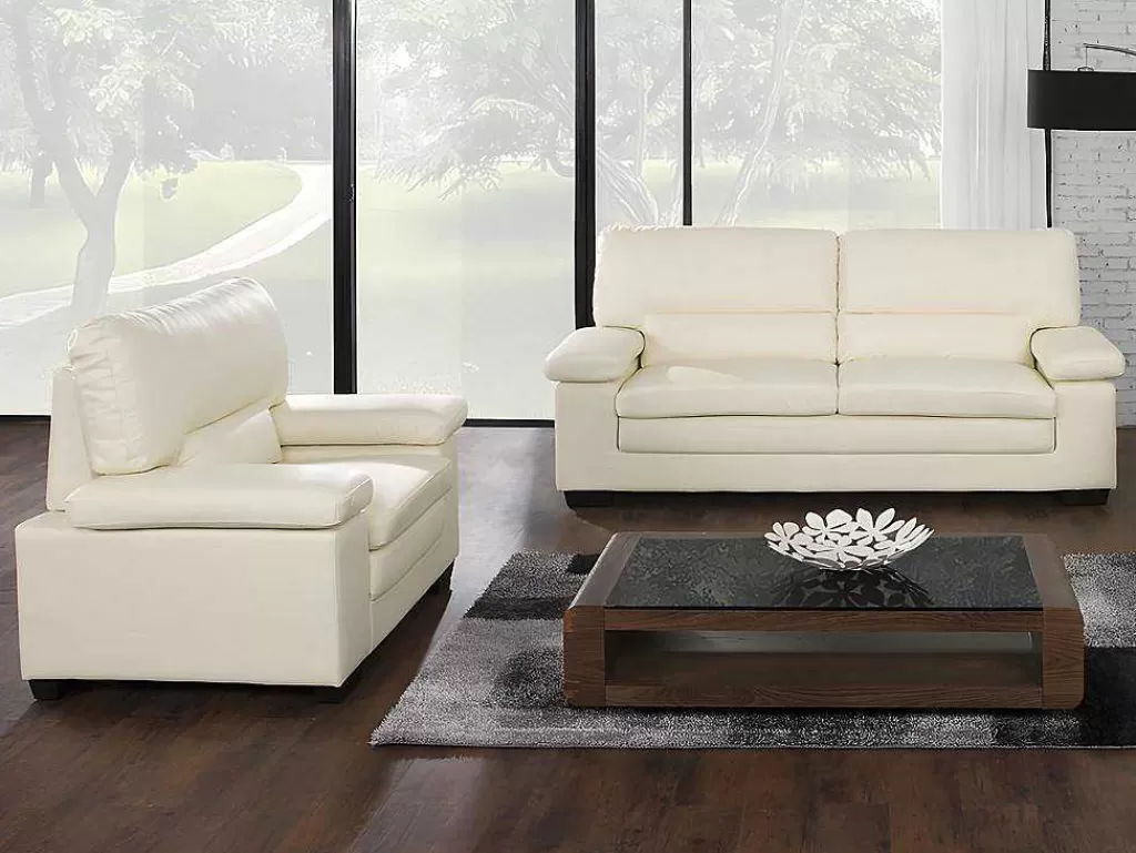Conjunto Sofá E Poltrona*Vente-unique Sofá De 3 Lugares E Poltrona Em Pele De Bufalo Marfim - Mimas Ii