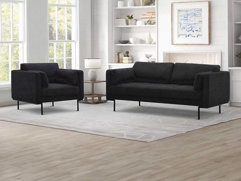 Conjunto Sofá E Poltrona*Maison Céphy Sofá De 3 Lugares E Poltrona Em Tecido Antracite E Pés Em Metal - Isabella