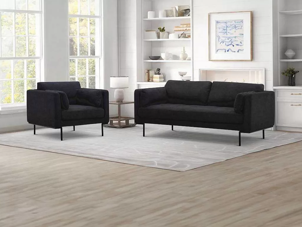Conjunto Sofá E Poltrona*Maison Céphy Sofá De 3 Lugares E Poltrona Em Tecido Antracite E Pés Em Metal - Isabella