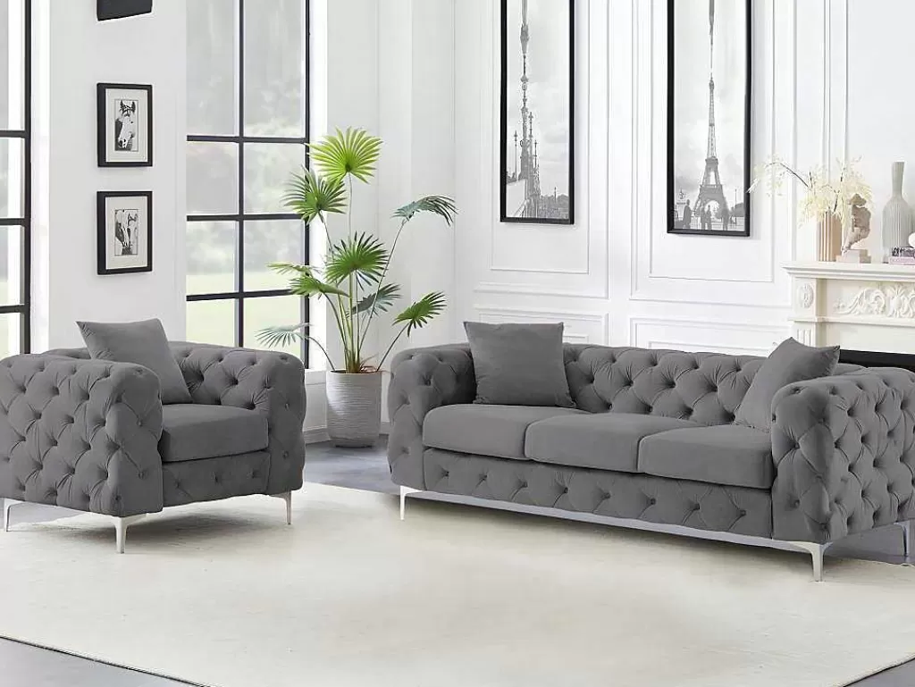 Conjunto Sofá E Poltrona*Vente-unique Sofá De 3 Lugares E Poltrona Em Veludo Antracite - Edwina
