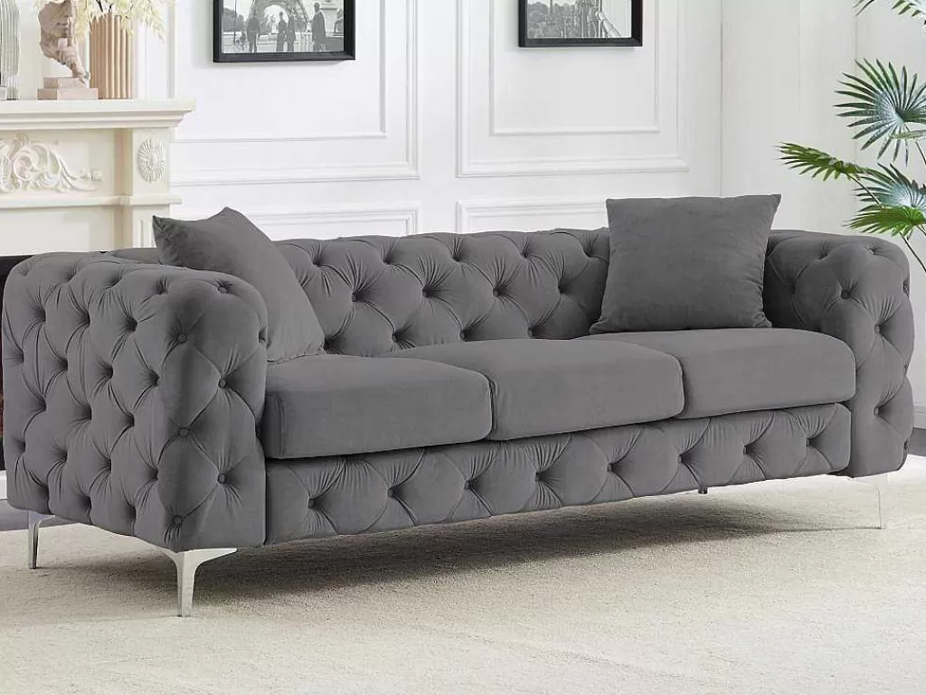 Conjunto Sofá E Poltrona*Vente-unique Sofá De 3 Lugares E Poltrona Em Veludo Antracite - Edwina