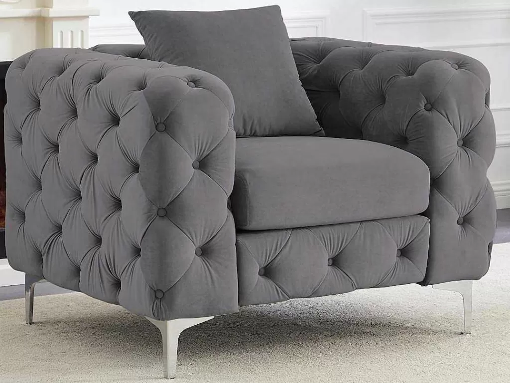 Conjunto Sofá E Poltrona*Vente-unique Sofá De 3 Lugares E Poltrona Em Veludo Antracite - Edwina