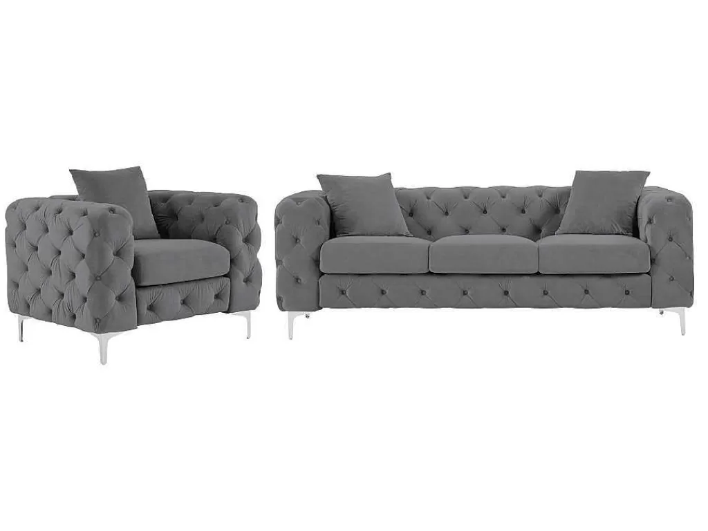 Conjunto Sofá E Poltrona*Vente-unique Sofá De 3 Lugares E Poltrona Em Veludo Antracite - Edwina