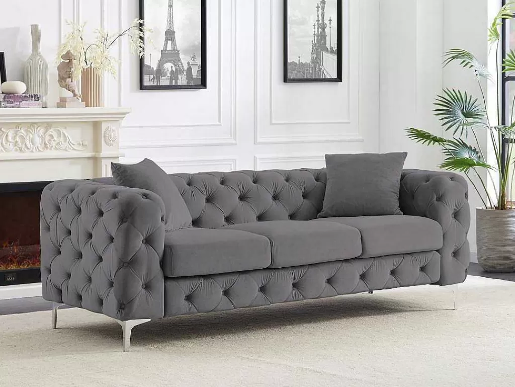 Conjunto Sofá E Poltrona*Vente-unique Sofá De 3 Lugares E Poltrona Em Veludo Antracite - Edwina