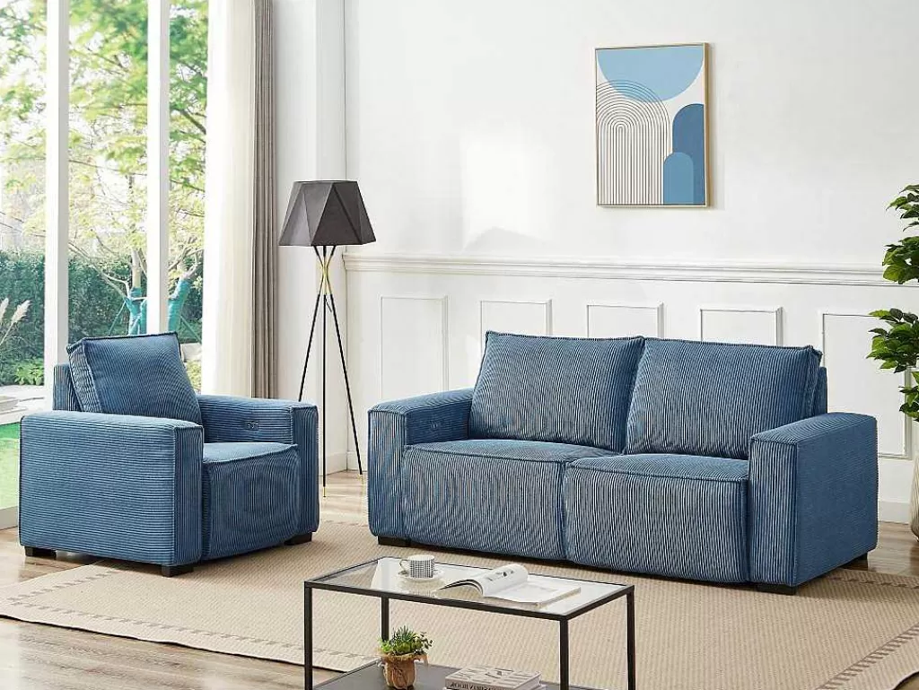 Conjunto Sofá E Poltrona*Vente-unique Sofá De 3 Lugares E Poltrona Em Veludo Canelado Azul - Amelio