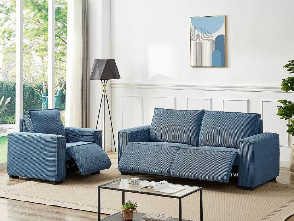 Conjunto Sofá E Poltrona*Vente-unique Sofá De 3 Lugares E Poltrona Em Veludo Canelado Azul - Amelio