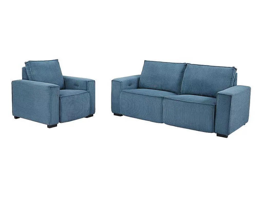 Conjunto Sofá E Poltrona*Vente-unique Sofá De 3 Lugares E Poltrona Em Veludo Canelado Azul - Amelio