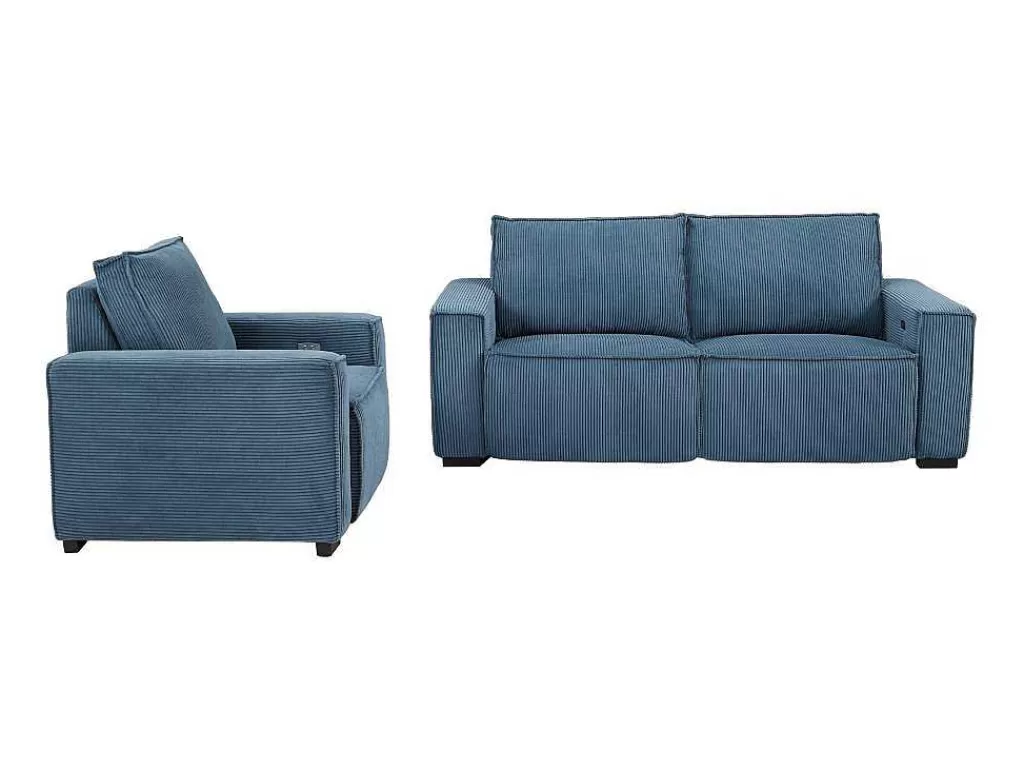 Conjunto Sofá E Poltrona*Vente-unique Sofá De 3 Lugares E Poltrona Em Veludo Canelado Azul - Amelio