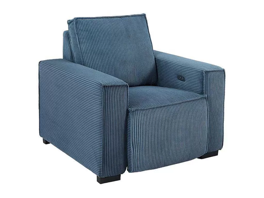 Conjunto Sofá E Poltrona*Vente-unique Sofá De 3 Lugares E Poltrona Em Veludo Canelado Azul - Amelio